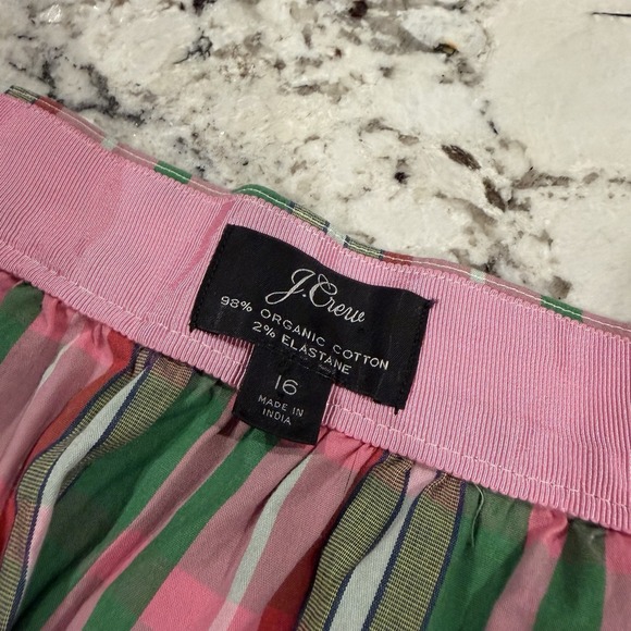J CREW Midi Skirt 16 Pink Green Plaid Check Organic Cotton Button Front Pocket - Picture 4 of 11